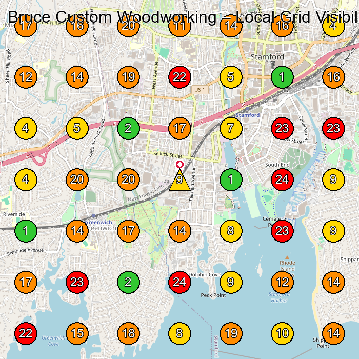 Bruce Custom Woodworking Cabinet Maker GeoGrid ranking map for Stamford CT